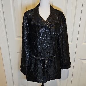 Chico's Shiny Black Quilted Puffer Coat  Pockets Strap Waist Buttons Lightweight